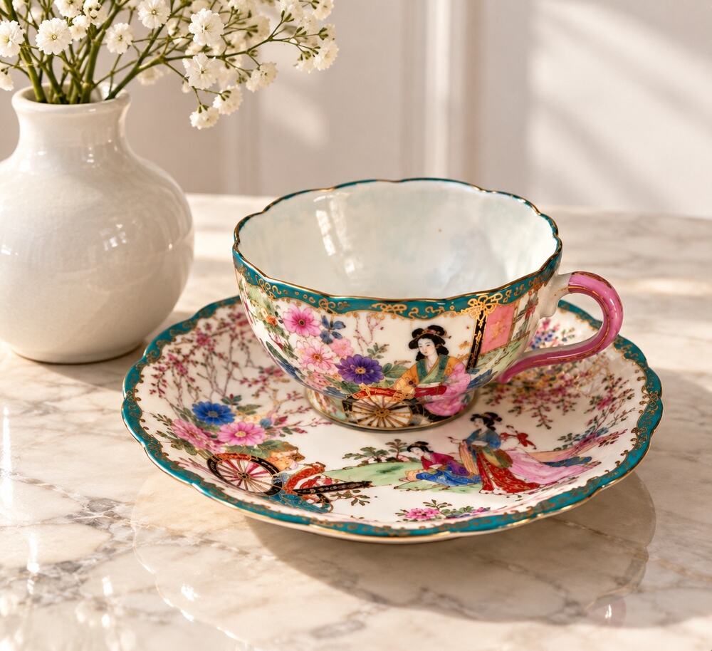 Vintage Japanese Geisha Girl Porcelain Cup Saucer Hand Painted Moriage Gilt Teal